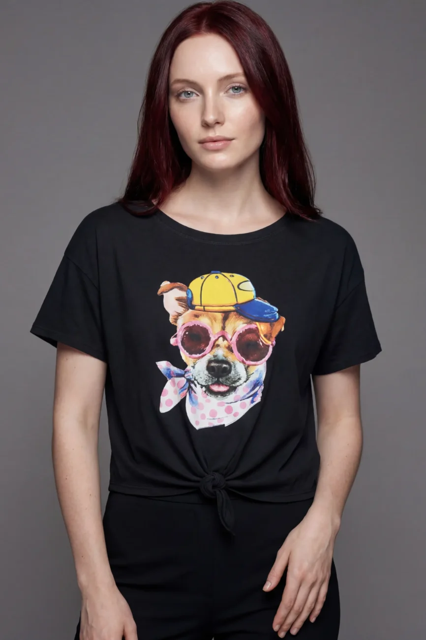 Graphic Dog Knot-Front T-Shirt